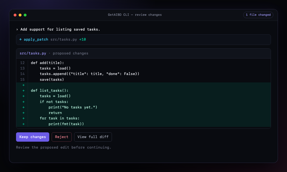 A file edit / review in the CLI